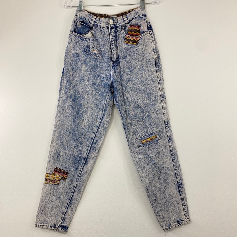 *Vtg Stefano Jeans‎ Woman’s 7/8 Acid Wash Aztec Southwestern Patched Distressed